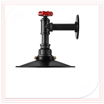 Long Arm Water Pipe Wall Light with Red Valve & Shade – E27 - Black, Flat Black, Without Bulb