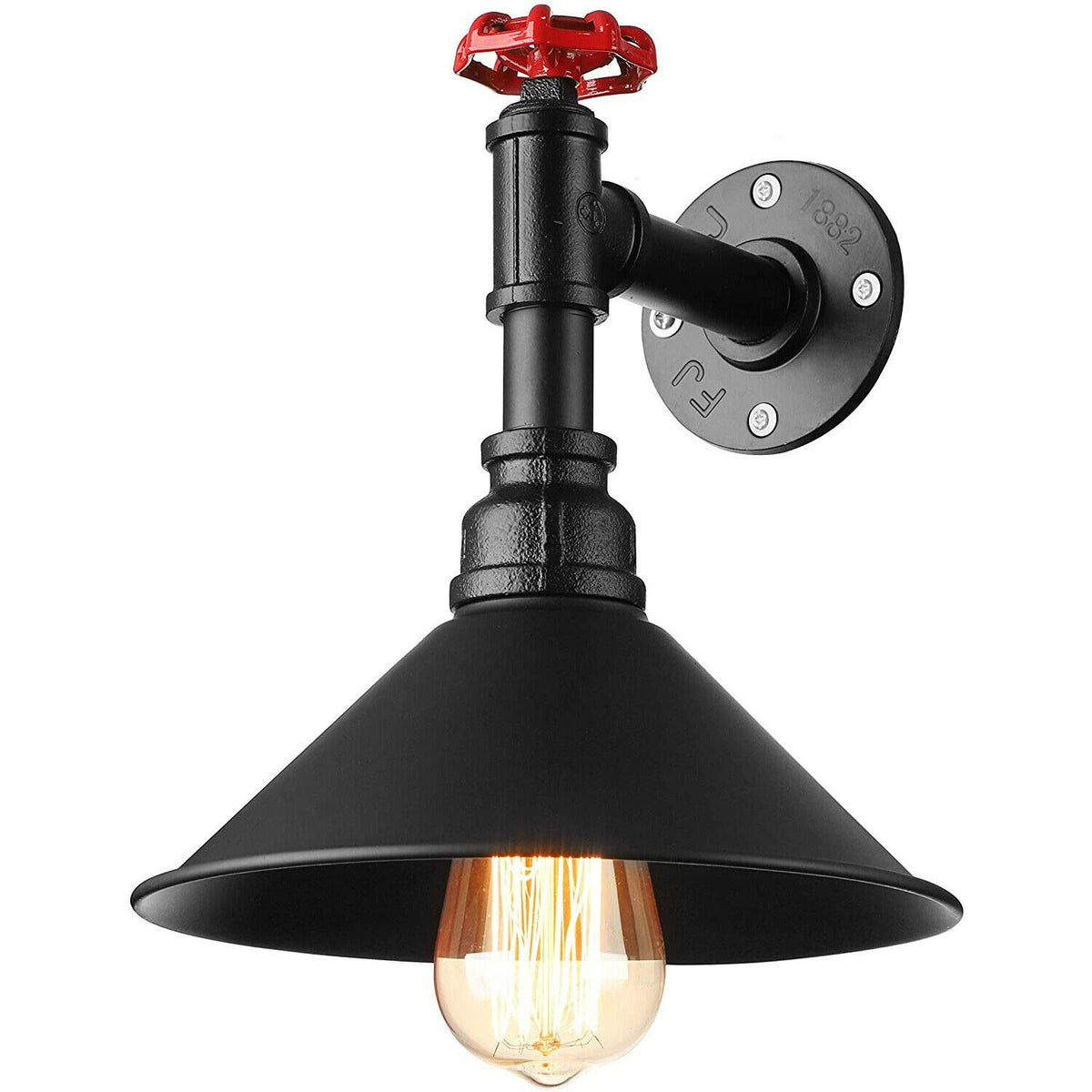 Long Arm Water Pipe Wall Light with Red Valve & Shade – E27 - Black, Flat Cone 22 cm Black, Without Bulb