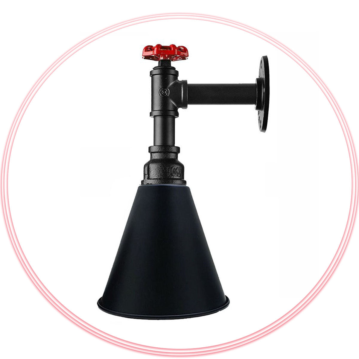 Long Arm Water Pipe Wall Light with Red Valve & Shade – E27 - Black, Long Cone 18 cm Black, Without Bulb