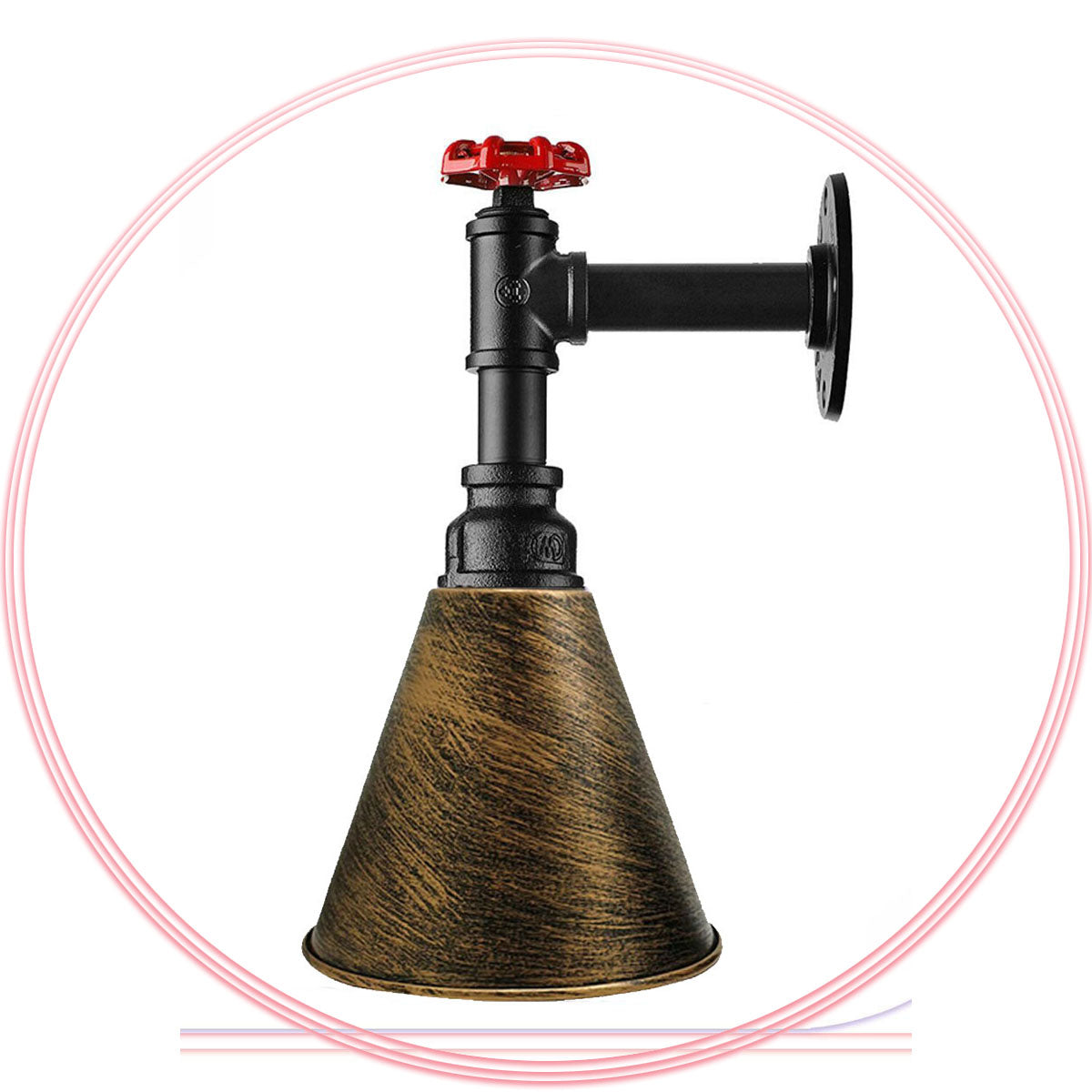 Long Arm Water Pipe Wall Light with Red Valve & Shade – E27 - Black, Long Cone 18 cm Brushed Copper, Without Bulb