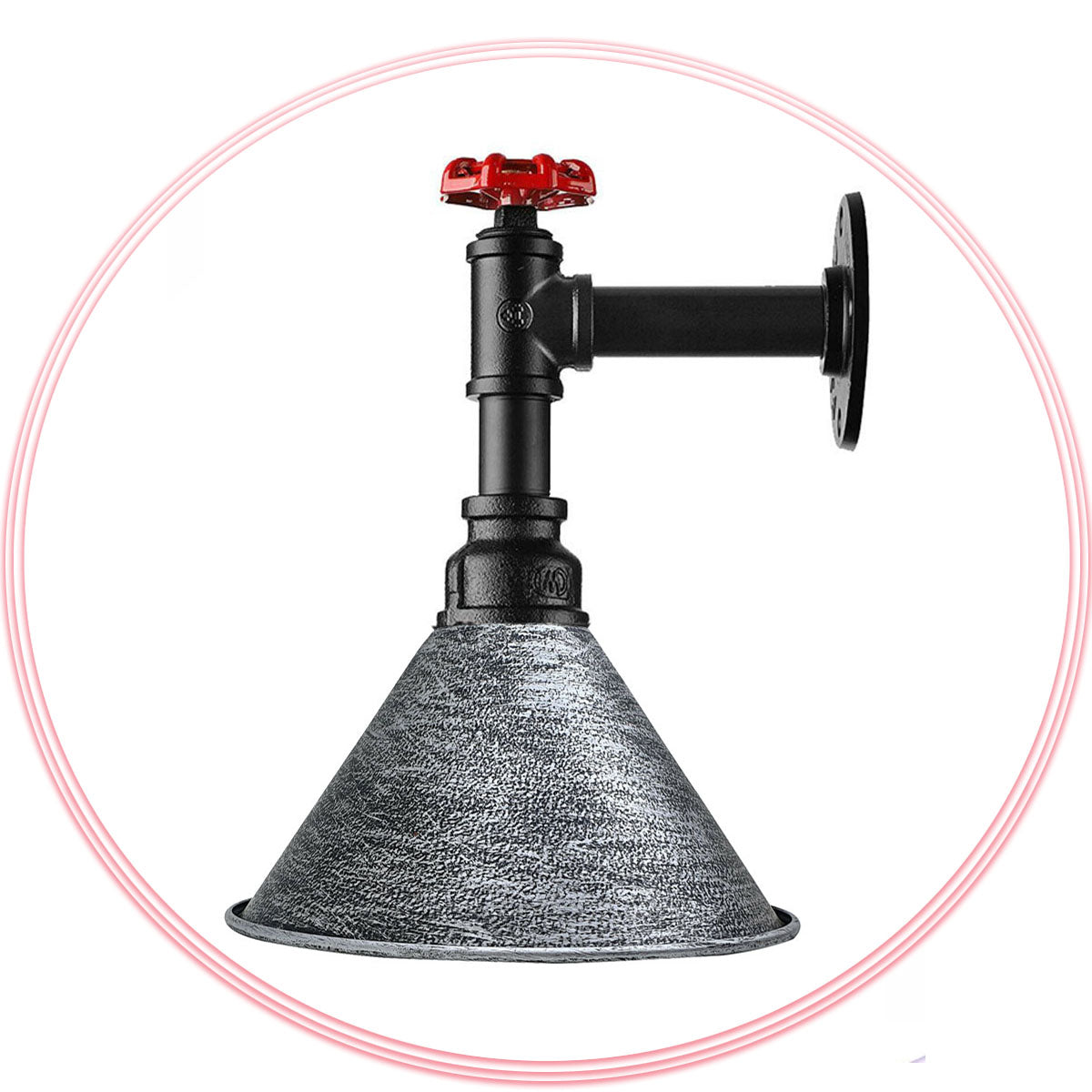 Long Arm Water Pipe Wall Light with Red Valve & Shade – E27 - Black, Long Cone 18 cm Brushed Silver, Without Bulb