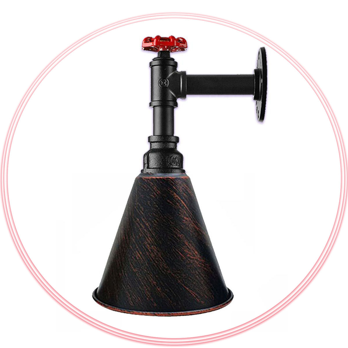 Long Arm Water Pipe Wall Light with Red Valve & Shade – E27 - Black, Long Cone 18 cm Rustic Red, Without Bulb