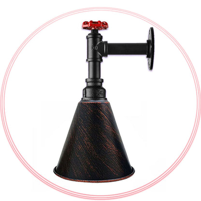 Long Arm Water Pipe Wall Light with Red Valve & Shade – E27 - Black, Long Cone 18 cm Rustic Red, Without Bulb