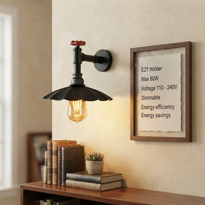 Long Arm Water Pipe Wall Light with Red Valve & Shade – E27 - Black, Lounge 22 cm Black, Without Bulb