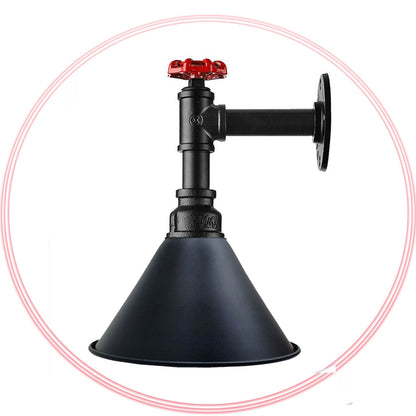 Long Arm Water Pipe Wall Light with Red Valve & Shade – E27 - Black, Small Cone 18 cm Black, Without Bulb
