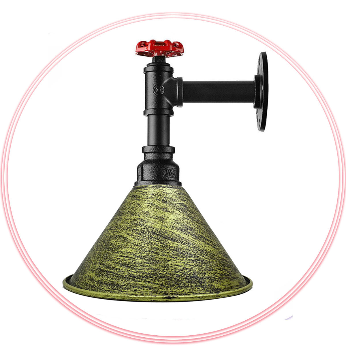 Long Arm Water Pipe Wall Light with Red Valve & Shade – E27 - Black, Small Cone 18 cm Brushed Brass, Without Bulb