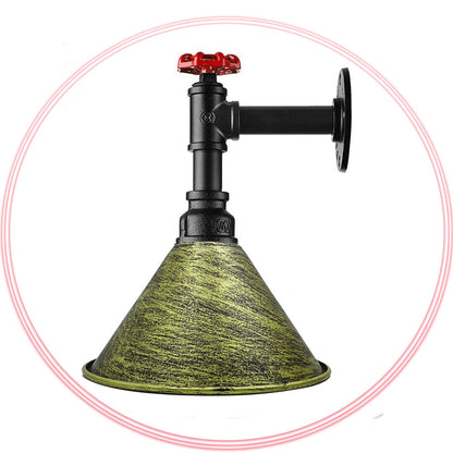 Long Arm Water Pipe Wall Light with Red Valve & Shade – E27 - Black, Small Cone 18 cm Brushed Brass, Without Bulb