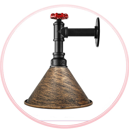 Long Arm Water Pipe Wall Light with Red Valve & Shade – E27 - Black, Small Cone 18 cm Brushed Copper, Without Bulb