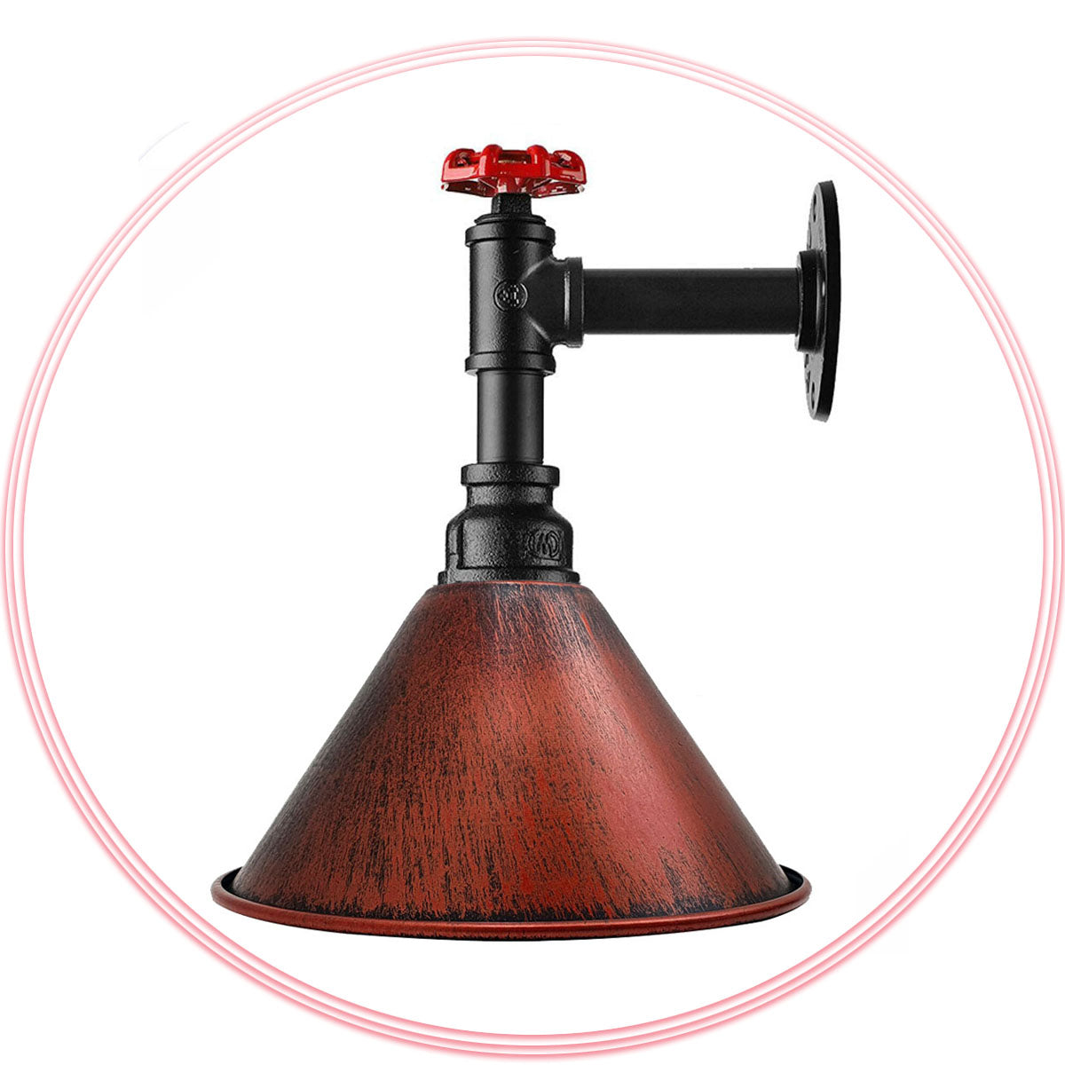 Long Arm Water Pipe Wall Light with Red Valve & Shade – E27 - Black, Small Cone 18 cm Rustic Red, Without Bulb