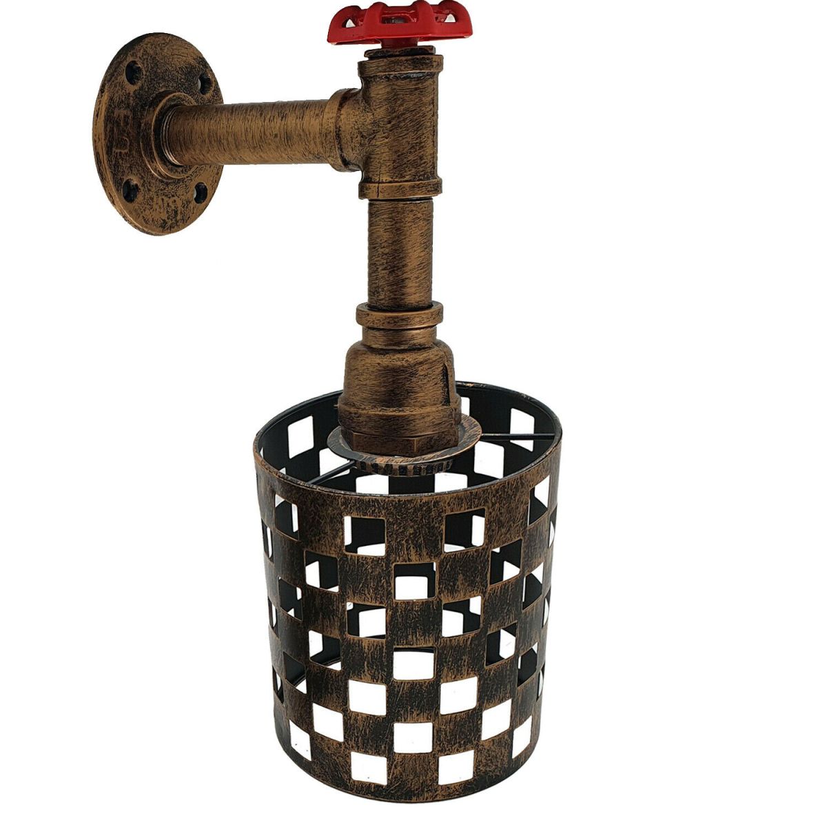 Long Arm Water Pipe Wall Light with Red Valve & Shade – E27 - Brushed Copper, Barrel Cage Brushed Copper, Without Bulb