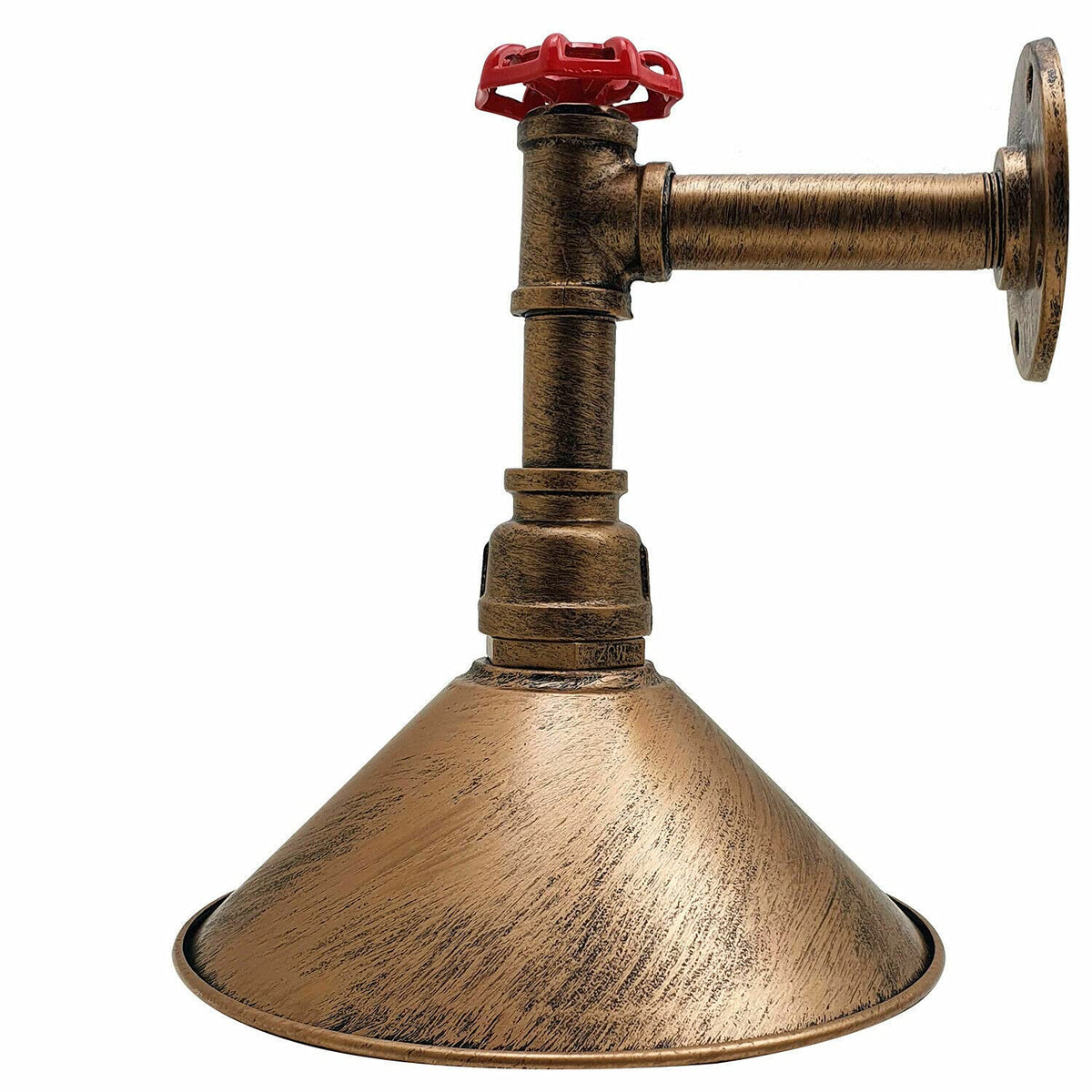 Long Arm Water Pipe Wall Light with Red Valve & Shade – E27 - Brushed Copper, Flat Cone 22 cm Brushed Copper, Without Bulb
