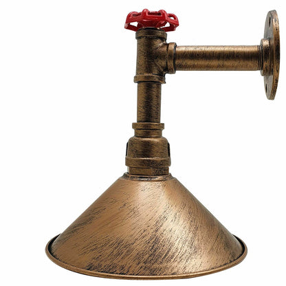 Long Arm Water Pipe Wall Light with Red Valve & Shade – E27 - Brushed Copper, Flat Cone 22 cm Brushed Copper, Without Bulb