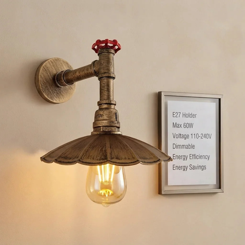 Long Arm Water Pipe Wall Light with Red Valve & Shade – E27 - Brushed Copper, Lounge 22 cm Brushed Copper, Without Bulb