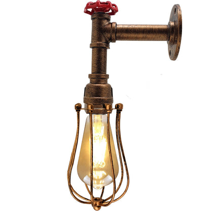 Long Arm Water Pipe Wall Light with Red Valve & Shade – E27 - Brushed Copper, Round Cage Brushed Copper, T130 LED Bulb 4W