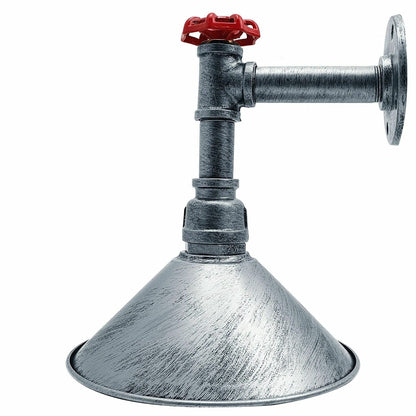 Long Arm Water Pipe Wall Light with Red Valve & Shade – E27 - Brushed Silver, Flat Cone 22 cm Brushed Silver, Without Bulb