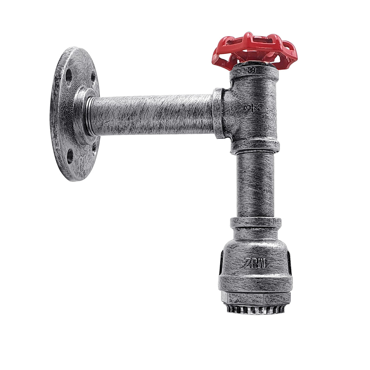 Long Arm Water Pipe Wall Light with Red Valve & Shade – E27 - Brushed Silver, No Shade, Without Bulb