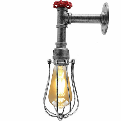 Long Arm Water Pipe Wall Light with Red Valve & Shade – E27 - Brushed Silver, Round Cage Brushed Silver, T130 LED Bulb 4W