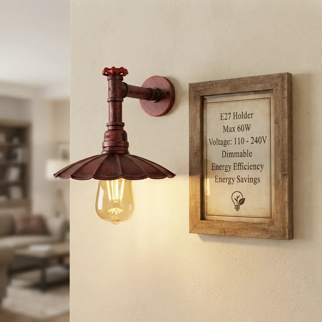 Long Arm Water Pipe Wall Light with Red Valve & Shade – E27 - Rustic Red, Lounge 22 cm Rustic Red, Without Bulb