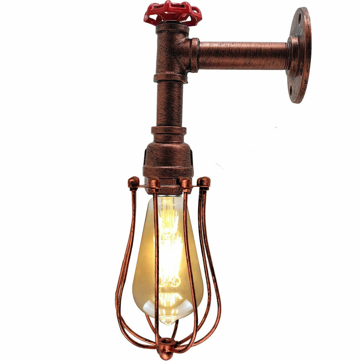 Long Arm Water Pipe Wall Light with Red Valve & Shade – E27 - Rustic Red, Round Cage Rustic Red, T130 LED Bulb 4W