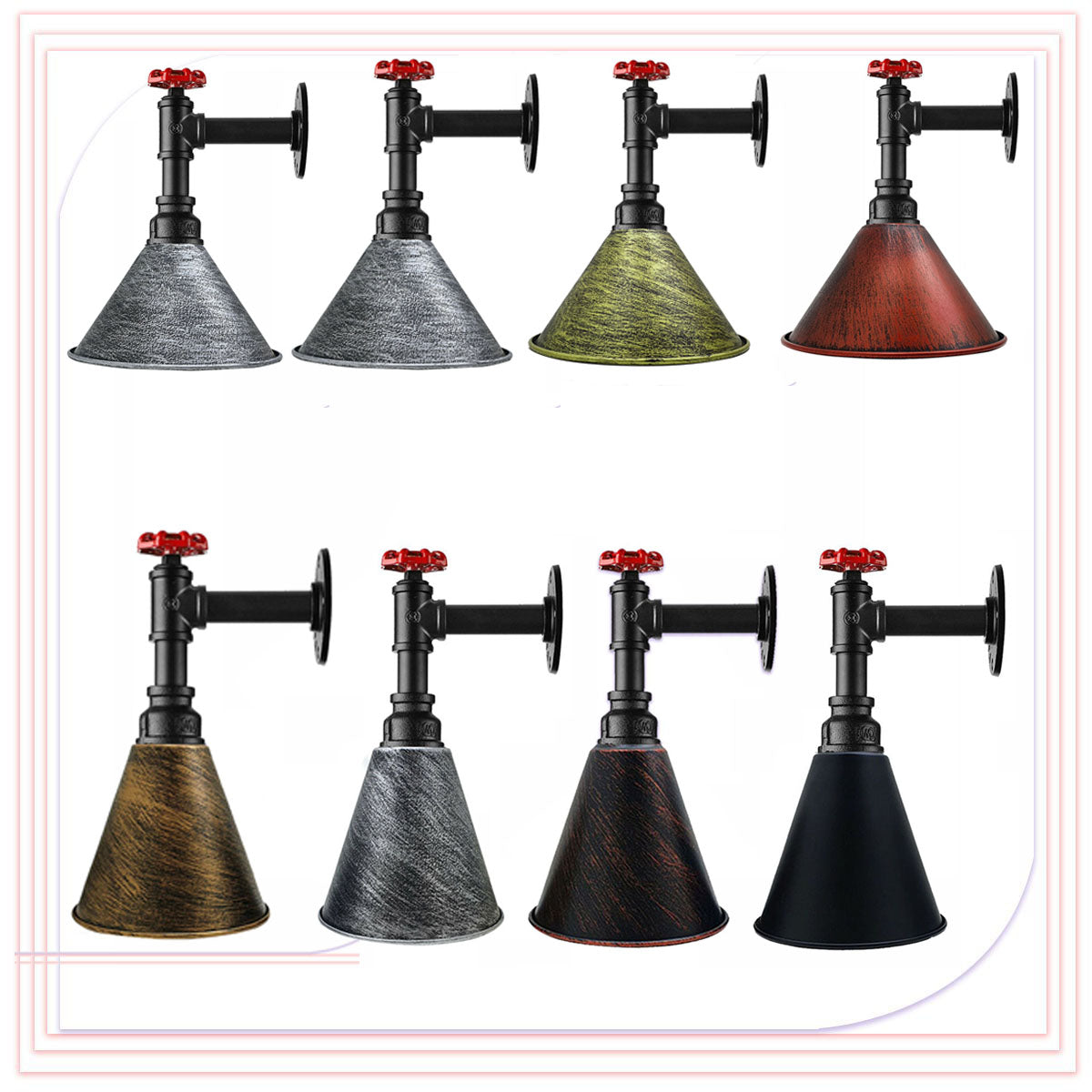 Long Arm Water Pipe Wall Light with Red Valve & Shade – E27