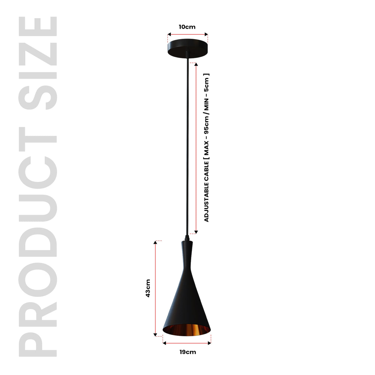 Long Glass Lamp Shade - 19 cm, Black & Gold, Single