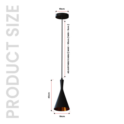 Long Glass Lamp Shade - 19 cm, Black & Gold, Single