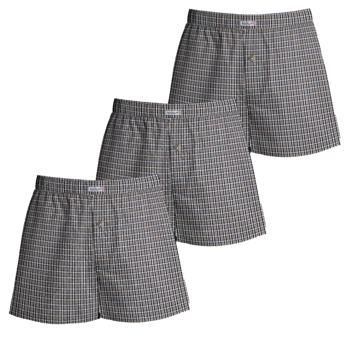 Men's Woven Cotton Boxer Shorts, Pack of 3 – Grey & Brown Check, L or XXL - L, Pack of 3