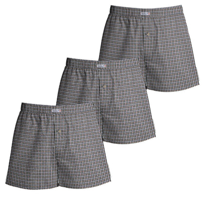 Men's Woven Cotton Boxer Shorts, Pack of 3 – Grey & Brown Check, L or XXL - L, Pack of 3