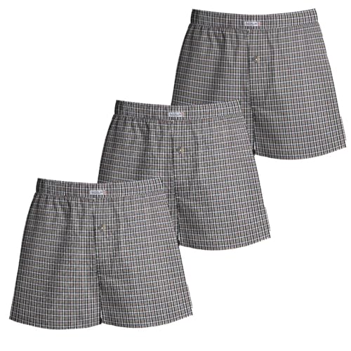 Men's Woven Cotton Boxer Shorts, Pack of 3 – Grey & Brown Check, L or XXL - XXL, Pack of 3