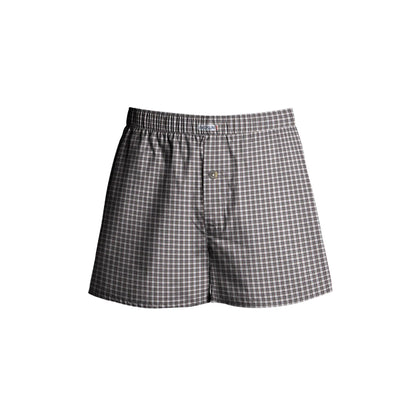 Men's Woven Cotton Boxer Shorts – Dark Taupe Check, Button Fly, XL or XXL - XL