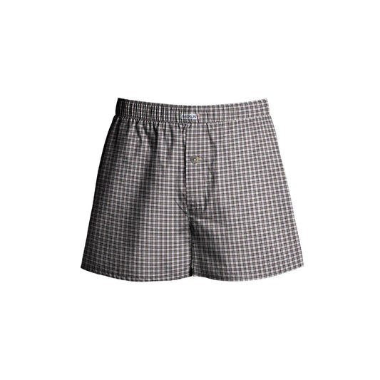 Men's Woven Cotton Boxer Shorts – Dark Taupe Check, Button Fly, XL or XXL - XL