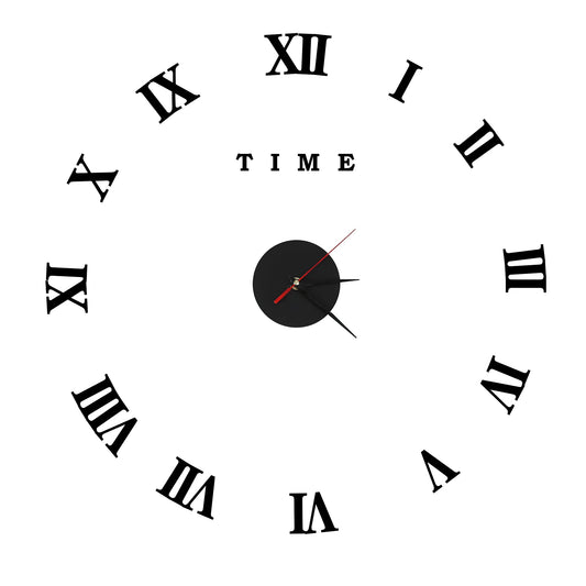 3D DIY Roman Numeral Wall Clock – Frameless, Up to 100 cm, Black or Gold - Black