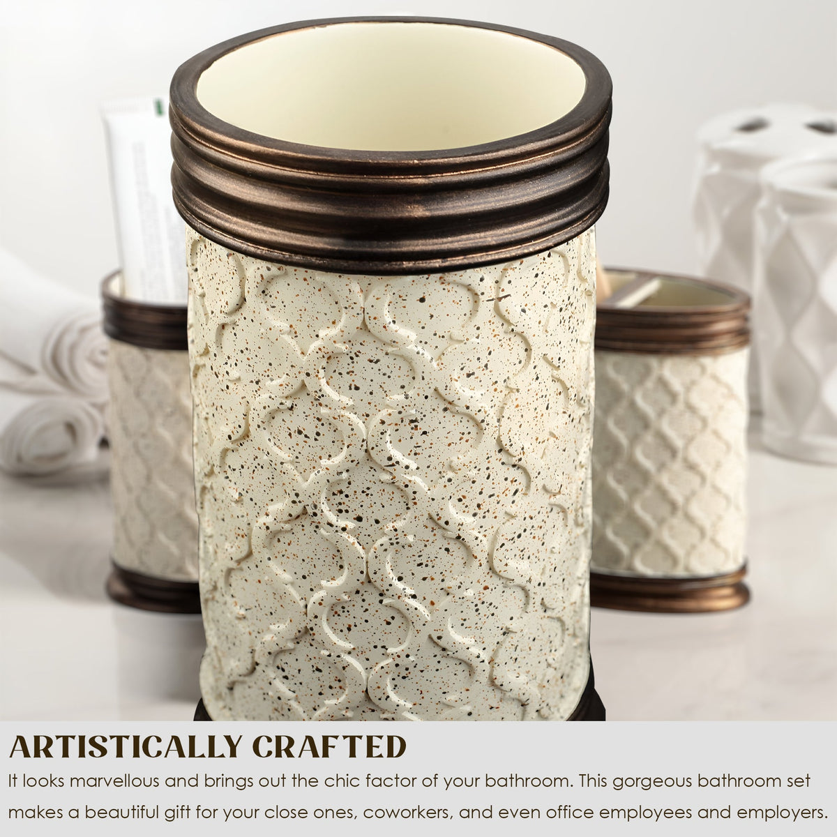 Stone-Effect Resin Bathroom Set – Lattice Pattern, Bronze Trim, 3 Pieces - photo 4