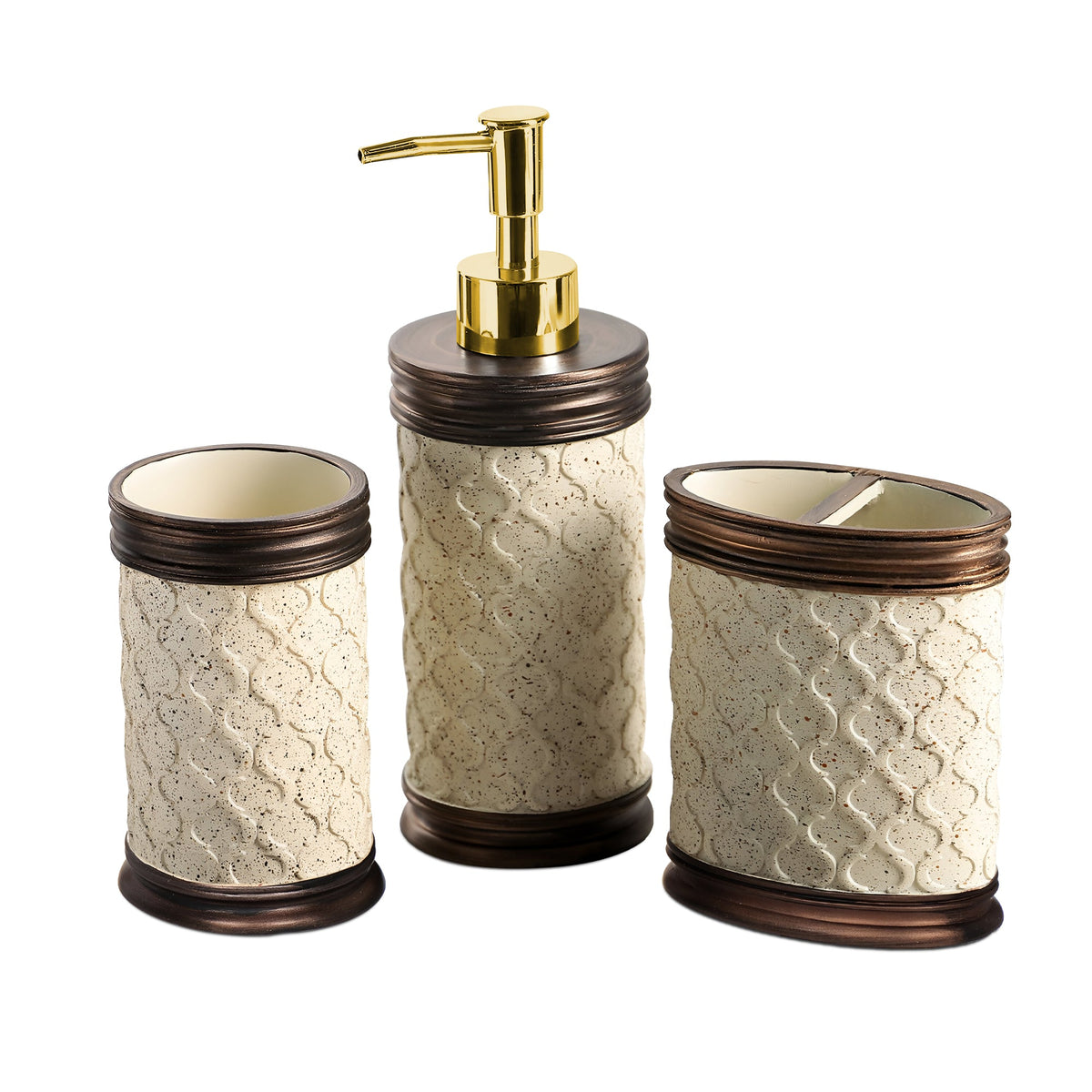 Stone-Effect Resin Bathroom Set – Lattice Pattern, Bronze Trim, 3 Pieces