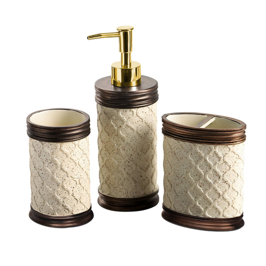 Stone-Effect Resin Bathroom Set – Lattice Pattern, Bronze Trim, 3 Pieces