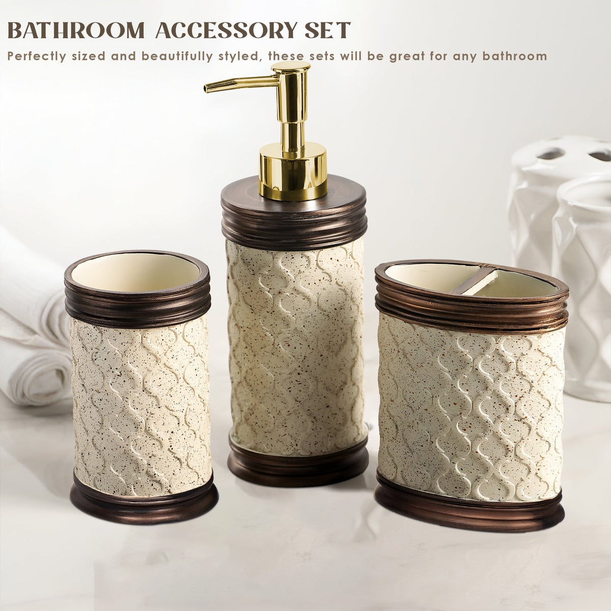 Stone-Effect Resin Bathroom Set – Lattice Pattern, Bronze Trim, 3 Pieces - photo 2