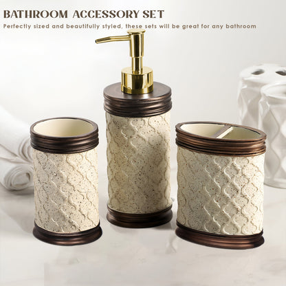Stone-Effect Resin Bathroom Set – Lattice Pattern, Bronze Trim, 3 Pieces - photo 2