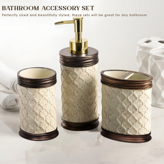 Stone-Effect Resin Bathroom Set – Lattice Pattern, Bronze Trim, 3 Pieces - photo 2