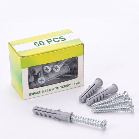 Grey Wall Plugs and Screws in a Box – 8 or 10 mm, 50 Pieces - 8 mm