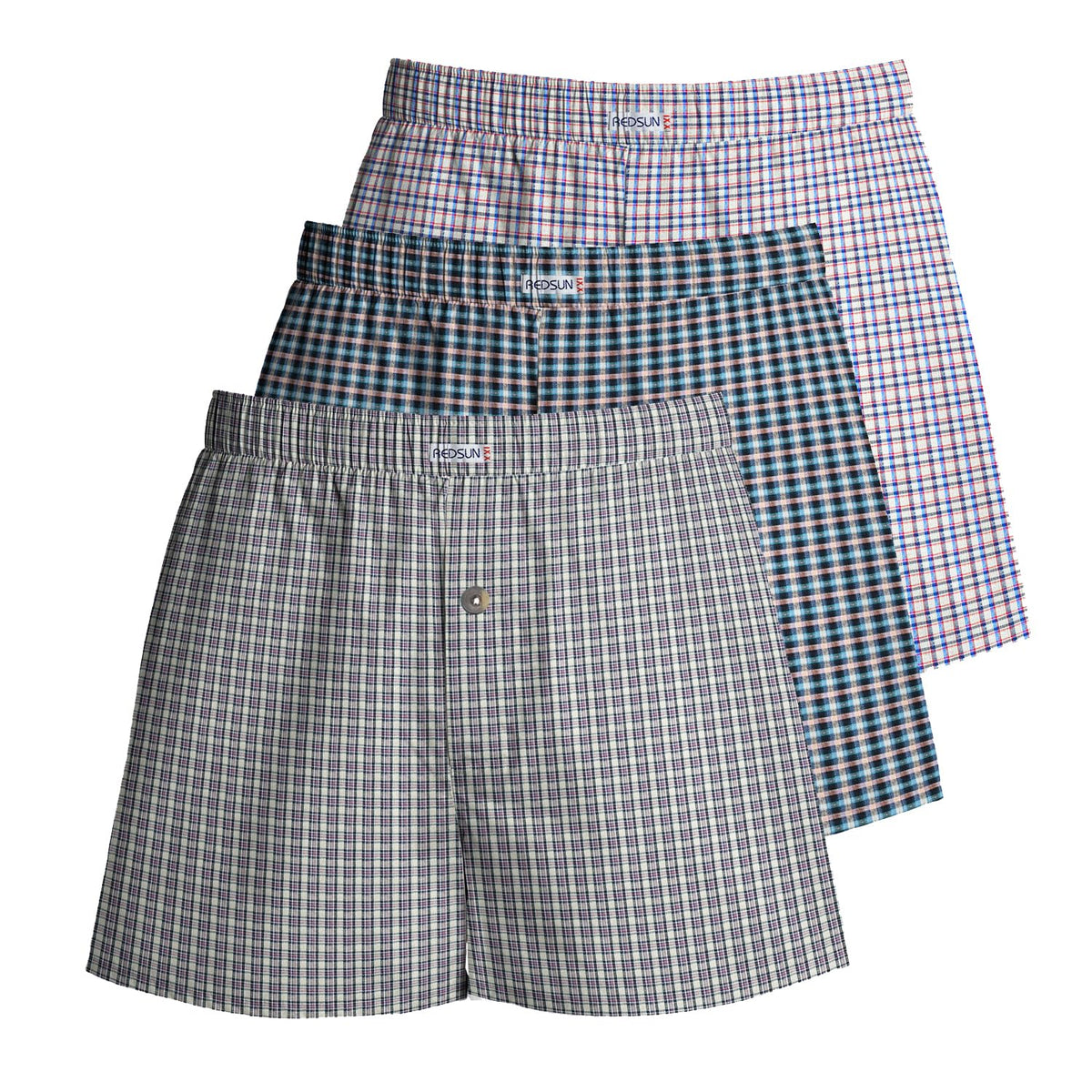 Men's Woven Cotton Boxer Shorts, Pack of 3 – Mixed Check Sets, L to XXL - L, Light Grey + Navy & Teal + Lilac