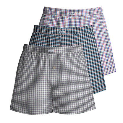 Men's Woven Cotton Boxer Shorts, Pack of 3 – Mixed Check Sets, L to XXL - L, Light Grey + Navy & Teal + Lilac