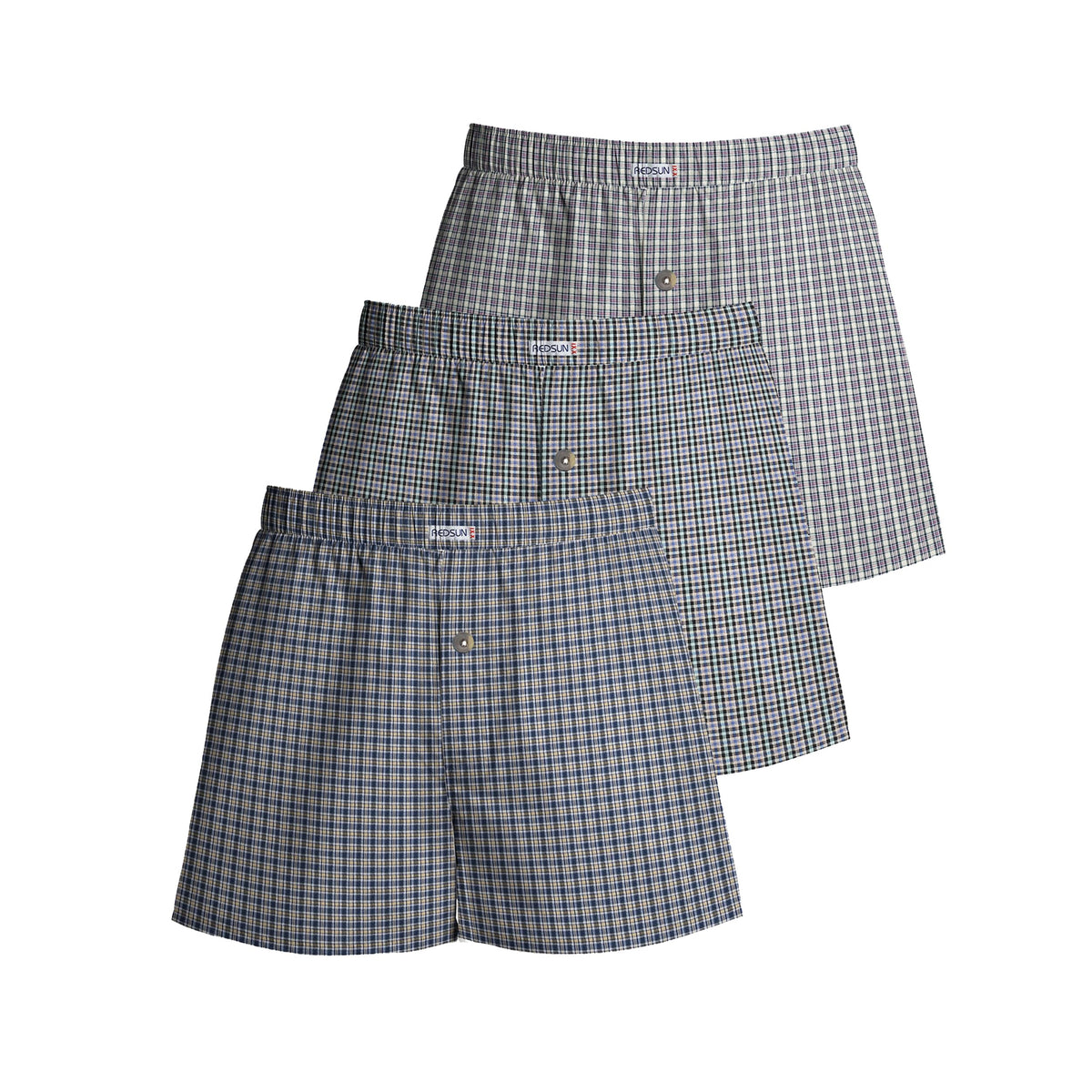 Men's Woven Cotton Boxer Shorts, Pack of 3 – Mixed Check Sets, L to XXL - L, Grey & Blue + Grey + Light Grey