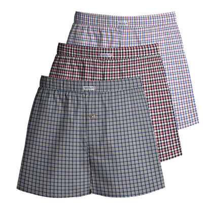 Men's Woven Cotton Boxer Shorts, Pack of 3 – Mixed Check Sets, L to XXL - L, Grey & Blue + Red & Navy + Lilac