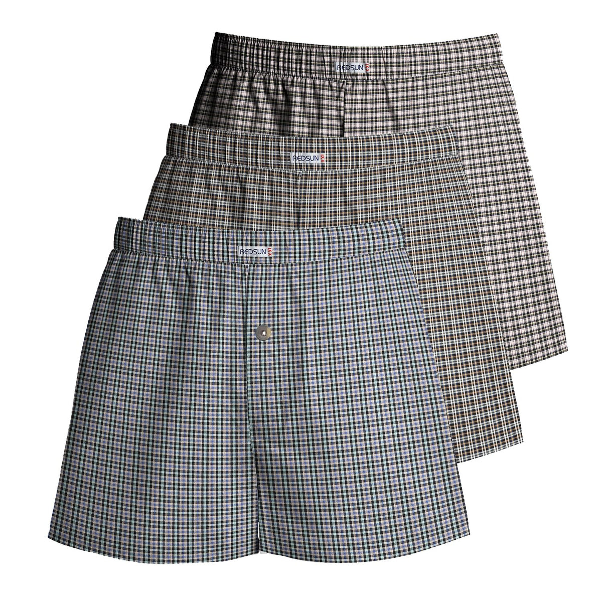 Men's Woven Cotton Boxer Shorts, Pack of 3 – Mixed Check Sets, L to XXL - L, Grey + Olive & Grey + Brown