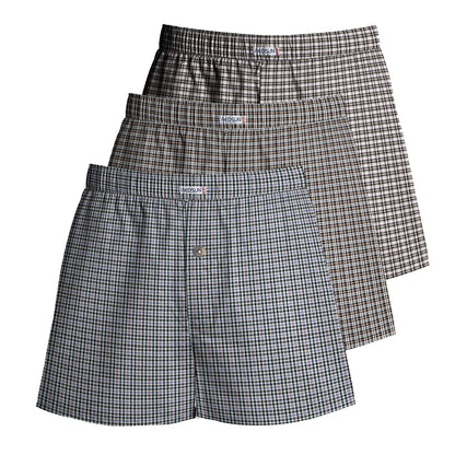 Men's Woven Cotton Boxer Shorts, Pack of 3 – Mixed Check Sets, L to XXL - L, Grey + Olive & Grey + Brown