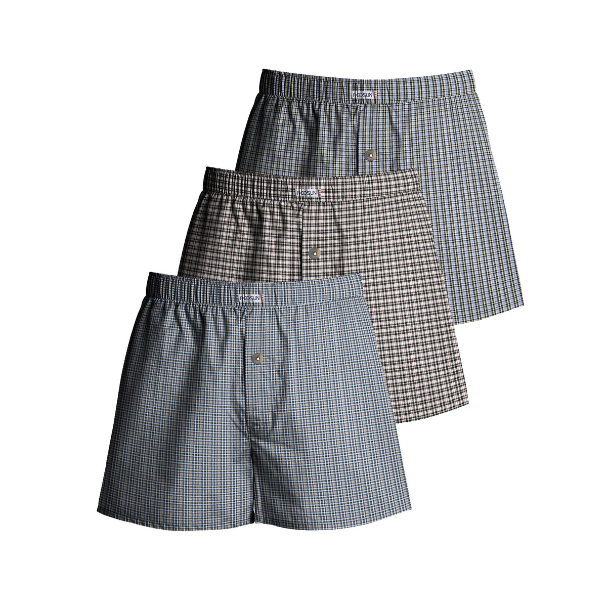 Men's Woven Cotton Boxer Shorts, Pack of 3 – Mixed Check Sets, L to XXL - L, Blue-Grey Stripe + Brown + Grey-Green Stripe