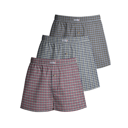 Men's Woven Cotton Boxer Shorts, Pack of 3 – Mixed Check Sets, L to XXL - XXL, Red & Navy + Light Blue & Grey + Grey & Navy