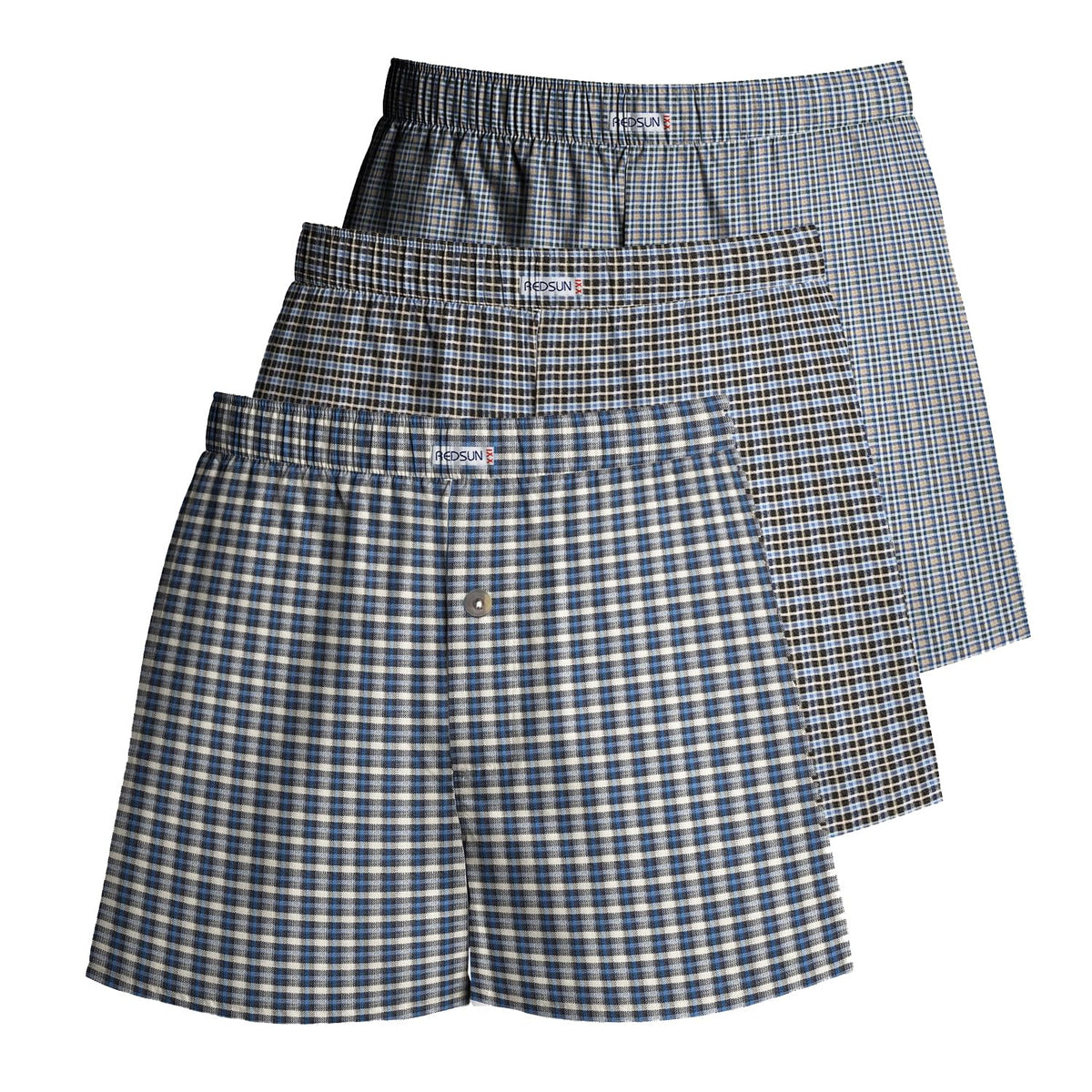 Men's Woven Cotton Boxer Shorts, Pack of 3 – Mixed Check Sets, L to XXL - XXL, Blue-Grey + Grey & Navy + Blue-Grey Stripe