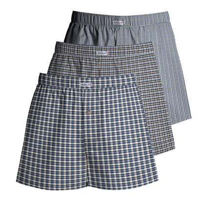 Men's Woven Cotton Boxer Shorts, Pack of 3 – Mixed Check Sets, L to XXL - XXL, Blue-Grey + Grey & Navy + Blue-Grey Stripe