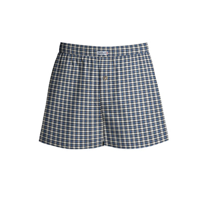 Men's Woven Cotton Boxer Shorts – Blue-Grey Check, Button Fly, L to XXL - L